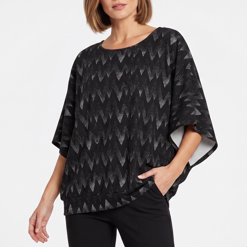 Robert Louis Top Womens L Dolman Sleeve Black Silver Glitter Chevron Excellent